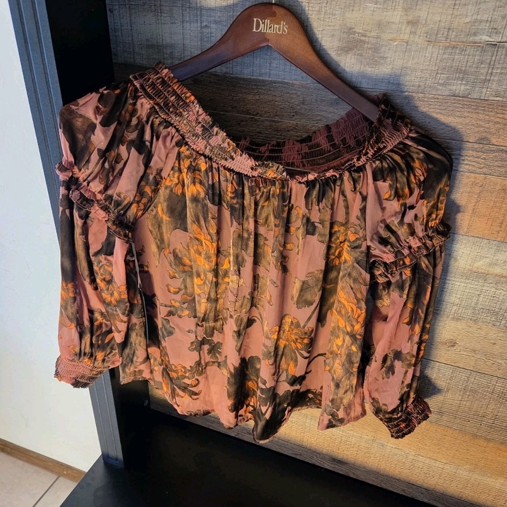 floral off-the-shoulder peasant blouse, Small, Sheer, Metallic, Western